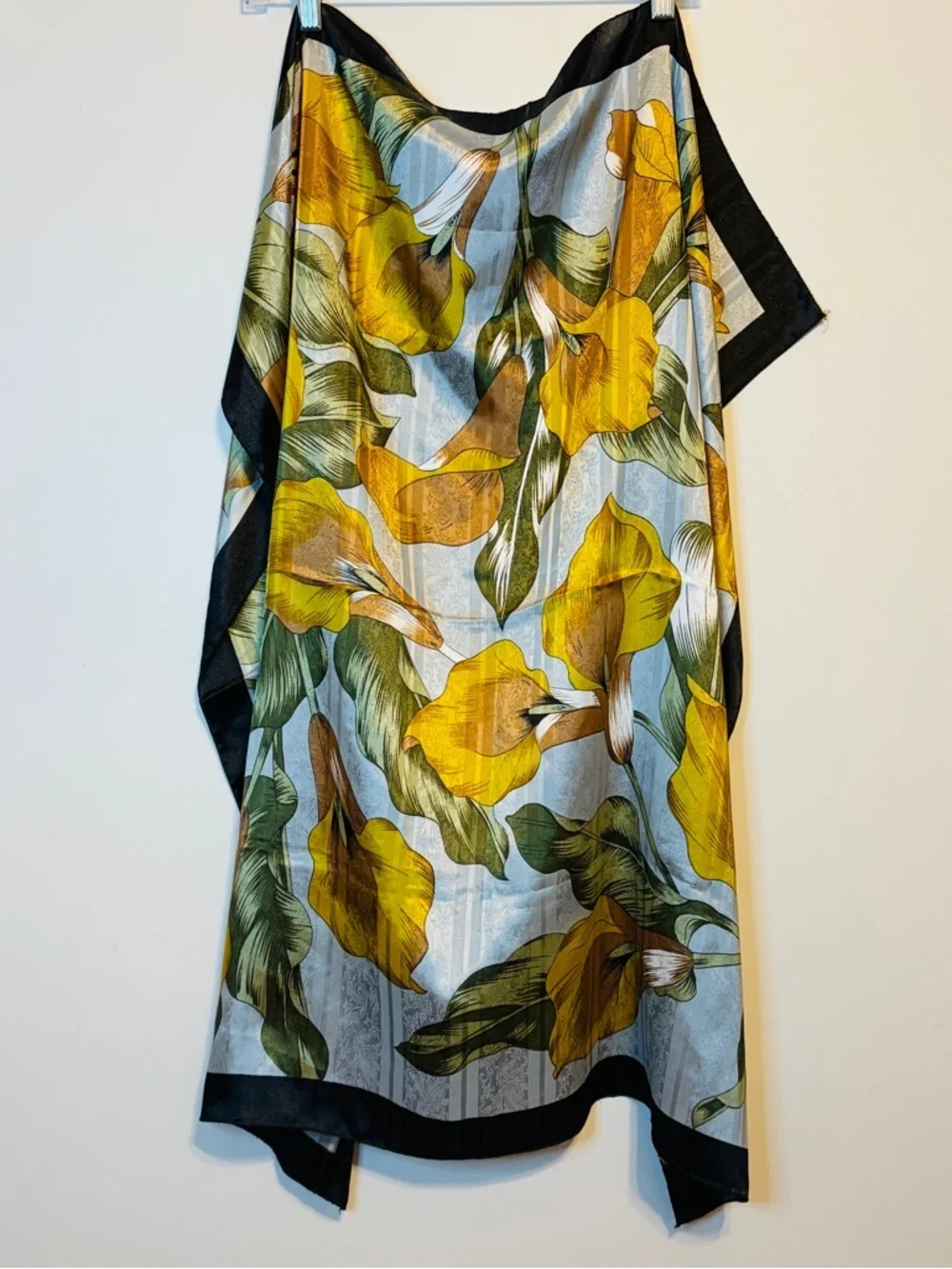 Yellow Floral Satin Scarf/Shawl with Black Trim IMPORTED BY PEACOCK SILK